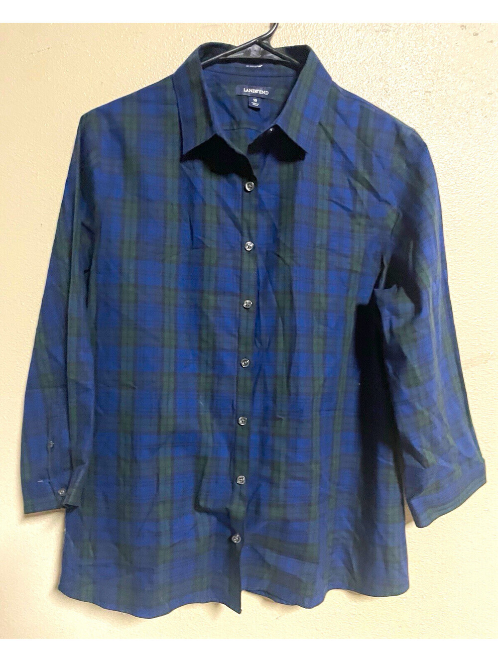Lands' End Women's Plaid Button-Up Shirt 10 Wool Woven Long Sleeve Blue Green